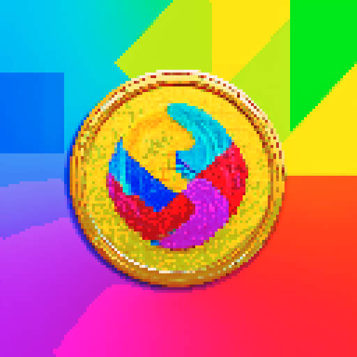 A coin with a shimmering, intricate, and vibrant infinite logo, rendered in pixel art with vivid sRGB colors
