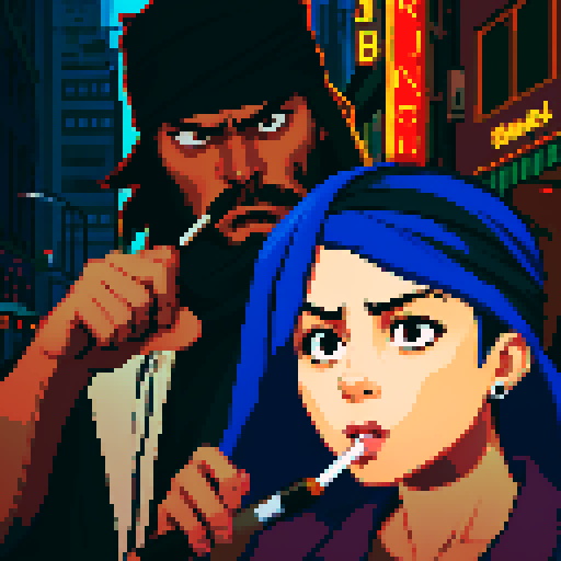 Girl on the right smoking a cigarette, guy on the left holding a gun with a bandana on his face, gritty, rainy, nighttime, downtown
