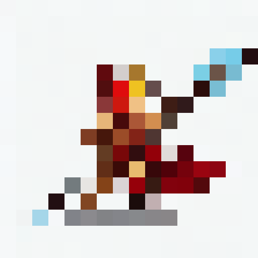 Flaming lance held high, fierce hero charges forward with determined eyes, surrounded by vibrant flames, in 16x16 pixel art style for a game icon close-up portrait