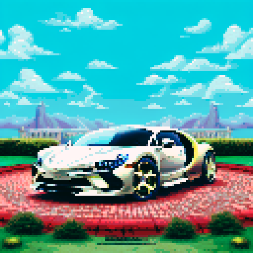 Photorealistic, centered Buggati Chiron in a three quarter view, right wheel in front, clean background, pixel art style with sRGB colors
