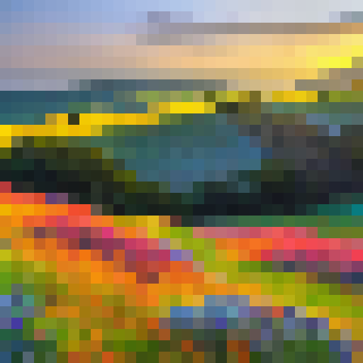 A colorful landscape of rolling hills, dotted with vibrant wildflowers, stretching out towards a majestic, golden sunset, evoking feelings of gratitude and thankfulness.