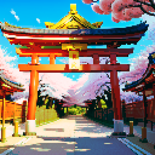Golden shinto shrine, vibrant cherry blossom trees, traditional architecture with intricate details, shinto torii gate adorned with golden decorations, a pixel art golden cuboid positioned behind the gate, golden lanterns illuminating the scene in sRGB colors