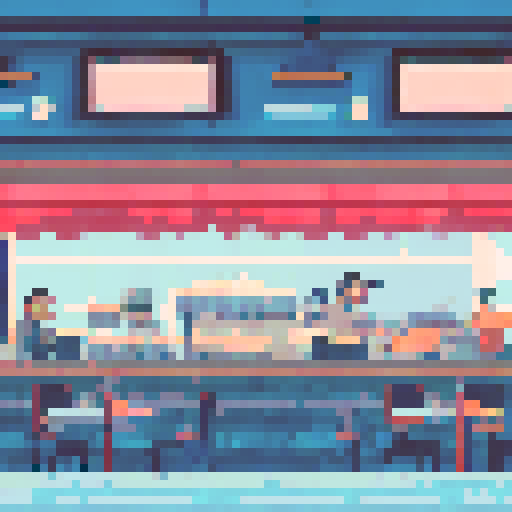 busy city cafe interior, winter cold, crowded tables, steaming cups, baristas brewing coffee, pixel art, sRGB