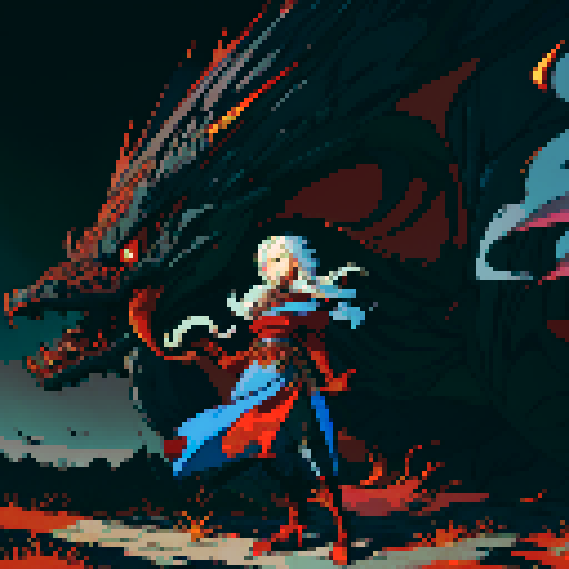 red dragon, fiery scales, sharp claws, fierce expression, towering presence, detailed pixel art, vibrant colors, textured scales, intricate patterns, glowing eyes, majestic wings, powerful tail, smoke billowing from nostrils