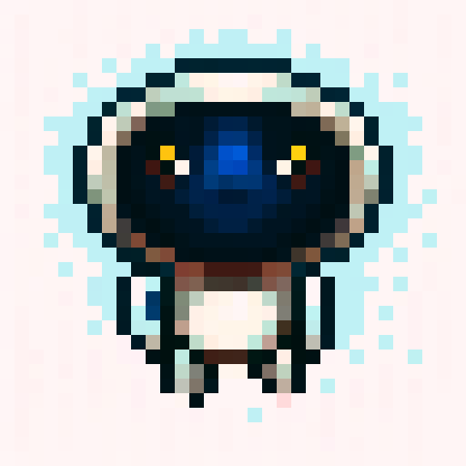 Round, rosy-cheeked robot smiling contentedly with big, bright eyes, crafted in charming 32x32 pixel art, highlighting its endearing, skillful design for a game icon.