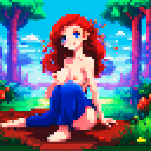 cute sexy girl, 14 years old, nude, hot, big boobs, red hair, coy smile, blushes, sRGB, pixel art, background, landscape