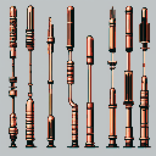 I want a tall vertical copper structure reminiscent of a organ pipe. It should have strange mechanical details that could interlock with each other. I also want this object usable an asset in a videogame, meaning only one object per image, outlined with a strong black stroke, on a solid-color background.