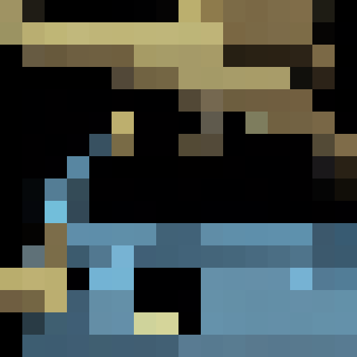 A pixelated wizard, with a long white beard, casting a spell with glowing blue eyes, in a close up portrait style for a game icon in 16x16 resolution.