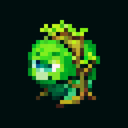 A wise, ancient guardian with a body covered in moss and vines, and deep, glowing blue eyes. It has a calm, serene expression and exudes an aura of ancient wisdom and tranquility. No background.
