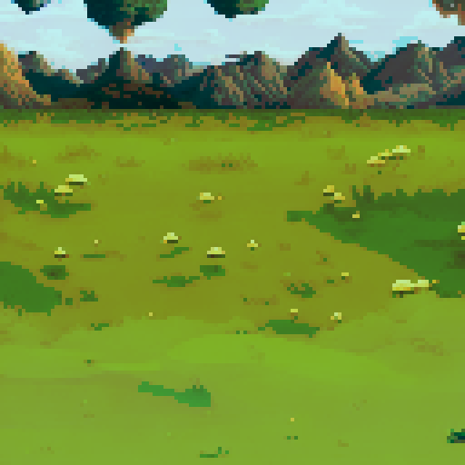Vast grassy field dotted with golden mushrooms under a bright, clear sky. Jagged mountains line the horizon, framed by floating green cliffs. Soft shadows and muted greens dominate, creating a serene yet fantastical atmosphere. The lighting is natural, with crisp details in the clouds and terrain.
