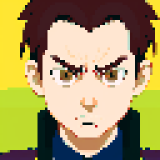 minister of defense, serious expression, graying hair, piercing eyes, close-up, confident stance, anime style, pixel art, military uniform, front view