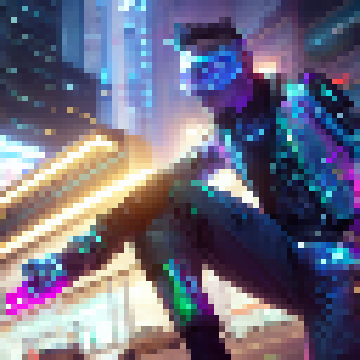 Cyberpunk Ekko, with neon lights reflecting off his metallic arm, dashes through a bustling street filled with holographic billboards and flying cars.