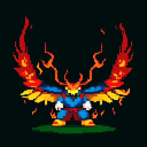A massive, towering demon with flames raging around its body, giant wings, and burning eyes. It wields a flaming sword and has a powerful, destructive aura. No background.
