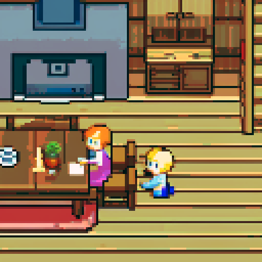 Cabin interior, table, kitchen, mother and son