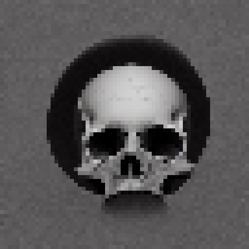 "This pixel art piece depicts a spooky skull surrounded by smoke. The bones of the skull are created with precise, sharp lines that are tightly connected. The eye sockets, nose holes, and other details are accentuated with pixels. Because the skull is portrayed in a large and distinctive manner, the smoke only hovers lightly around it like a veil. The smoke can be in black and white tones and gathered in a slight semicircle above the skull. These details complete the skull's impressive and eerie