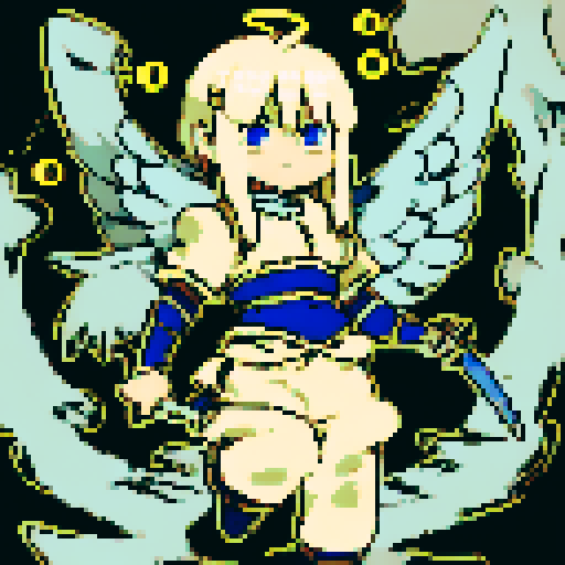 Angel warrior, with flowing golden hair, intense blue eyes, delicate wings, fierce expression, ornate armor, holding a glowing sword, surrounded by ethereal light, in a character portrait, close up, anime style, pixel art