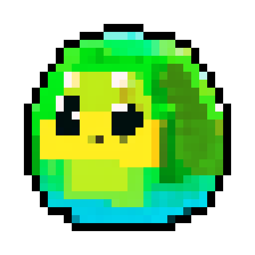 basic tiny slime, vibrant colors, blocky pixels, glossy texture, glowing eyes, transparent body, shimmering highlights, simplistic design, retro video game vibes, limited color palette