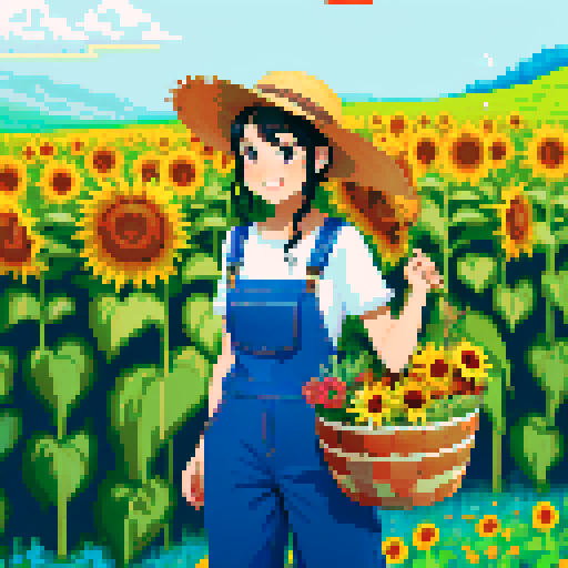 happy, female male farmer in pixel art style, black hair, surrounded by vibrant green fields, wearing worn-out denim overalls and a straw hat, holding a basket full of freshly harvested carrots and a bouquet of sunflowers, with a content smile on his face, standing next to a rustic wooden cart filled with colorful fruits and vegetables