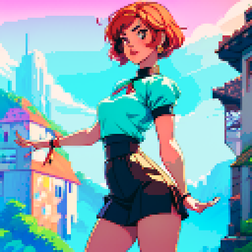 Short hair girl, waving, vibrant colors, retro vibes, pixelated textures, sRGB, pixel art