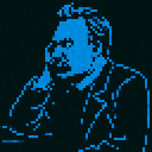 A portrait of Nietzsche with one elbow's on, blue outline, and black inner part