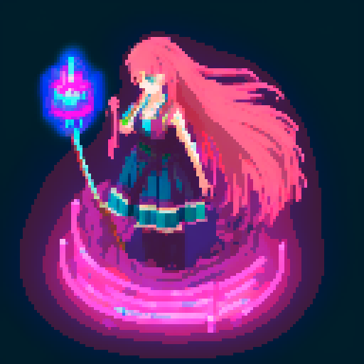  Mage anime girl with flowing hair, fluorescent tattoos, and a glowing staff,  floating in her evil lair