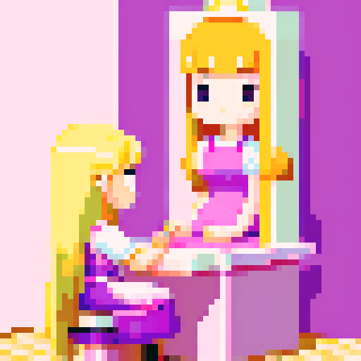 long blonde hair, pink apron, brown hair, purple dress, sitting down, facing each other, nail salon, pixel art, sRGB