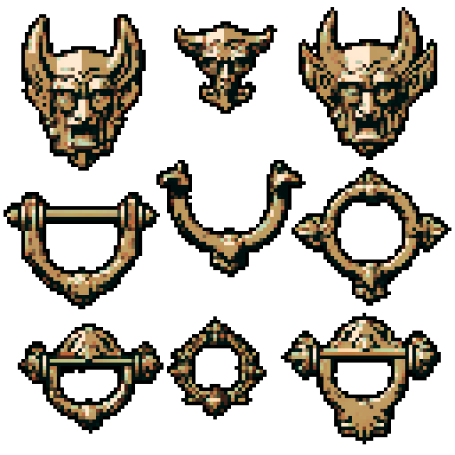 simple, geometrical pieces from old door knocker and gargoyles. It should be seen as if on a wall, with no perspective, on a solid-color background. There should one be two or three pieces in each frame, it shouldn't be complete.