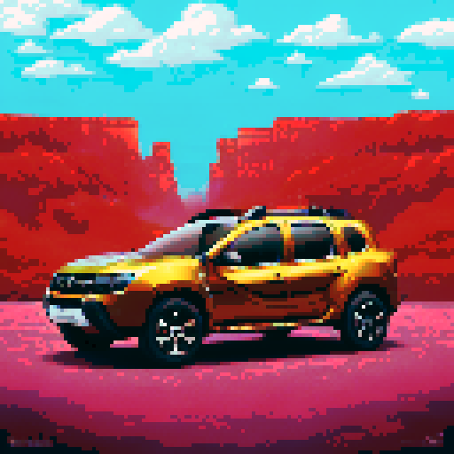 Photorealistic whole Renault Duster centered, three-quarter view, right front wheel, clean background, sRGB colors, pixel art style