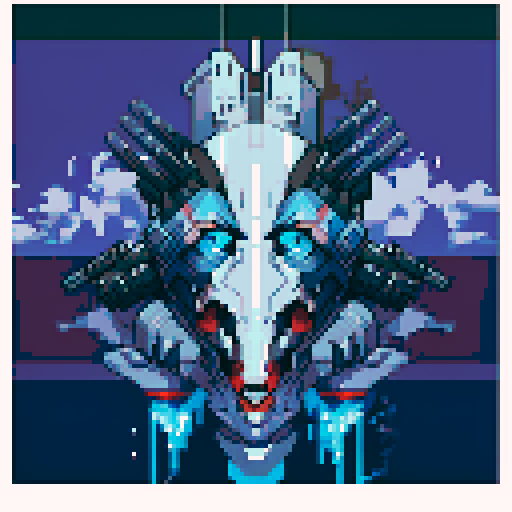 battleship with sleek design, hovering above calm waters, two massive guns protruding from its sides, pixel art style with vibrant colors, detailed shadows, and crisp lines