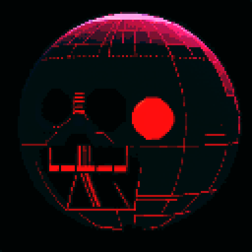 pixel art, sRGB, Darth Vader, dark and obscure, deformations, detailed lighting, cinematic aspects, Death Star, 4k/8k quality