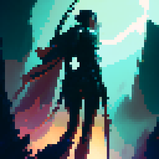 female swordsman, tall and confident, wielding a gleaming sword, standing defiantly before a towering, otherworldly space monster, its grotesque form shrouded in darkness, a scene straight out of a captivating fantasy RPG like Phantasy Star, smooth render, high def