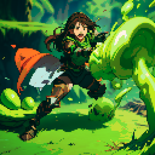 slime slamming into a hero, impact, splattering, full-body image, hero has brown hair and metal armor, slime is green