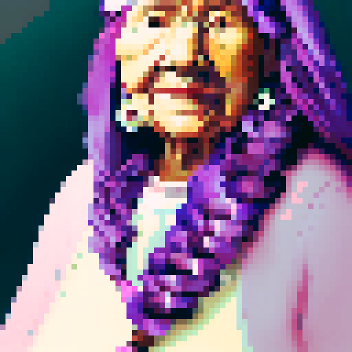 elderly native American woman with purple hair in short braids, and a soft smile