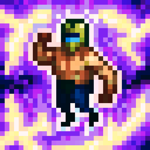 Lightning-clad wrestler, clutching championship belt, anime-style character portrait, vibrant and dynamic close-up, pixel art aesthetic.