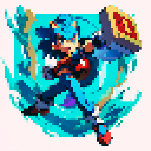 Full-body image of a character ready to fight, no background. They look like a cross between sonic the hedgehog and megaman.