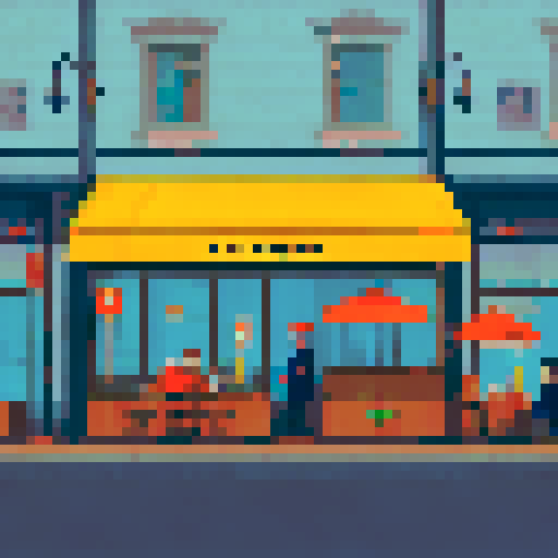 busy city cafe interior, winter cold, crowded tables, steaming cups, baristas brewing coffee, pixel art, sRGB