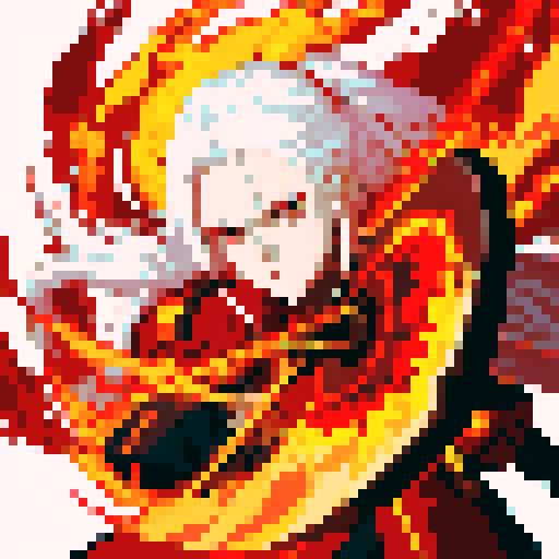 White haired Edelgard in fierce battle pose, wielding flaming axe, surrounded by swirling red and black flames, detailed pixel art, vibrant and colorful, sRGB palette