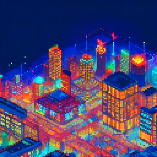 distant cityscape, vibrant colors, low-resolution, blocky buildings, glowing streetlights, twinkling stars, illuminated windows, towering skyscrapers, bustling streets, pixelated cars, atmospheric haze