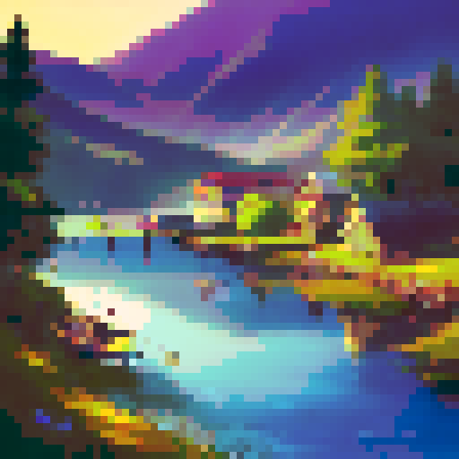 river dock, serene water, wooden planks, fishing boats, colorful sunset, distant mountains, calm reflection, vibrant sky, peaceful atmosphere, golden light, tranquil setting