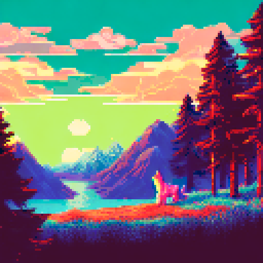 A majestic wolf howling at the Aurora Borealis, set against a snowy mountain backdrop, surrounded by pine trees and illuminated by the vibrant hues of a pixel art sky