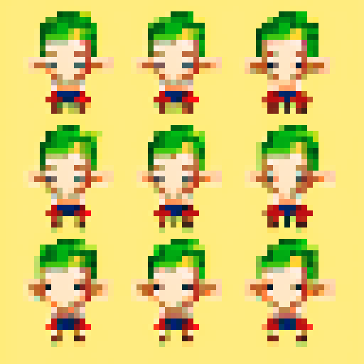 8-bit pixel art base character sheet of a chibi-style elf boy with no hair or clothes, serving as a fully customizable base model. The character has short legs and simple features