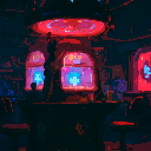 Tavern, neon lights, robotic bartender, holographic menu, retro arcade games, futuristic patrons, pixelated characters, vibrant colors, glowing cocktails, futuristic furniture