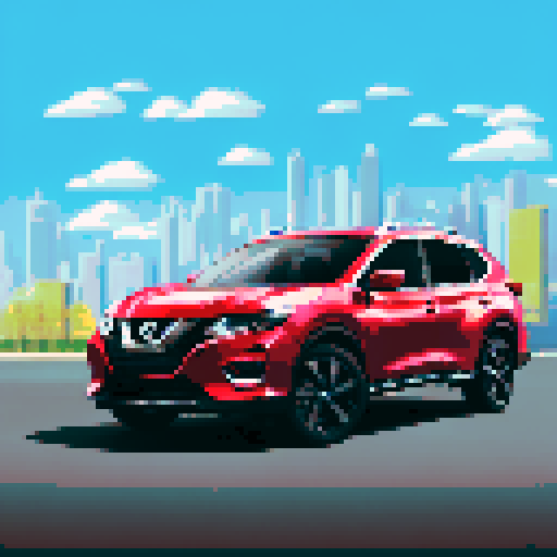 Photorealistic whole Nissan Rogue, three-quarter view, right front wheel, clean background, sRGB colors, pixel art style
