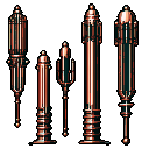 I want a tall vertical copper structure reminiscent of a organ pipe. It should have strange mechanical details that could interlock with each other. I also want this object usable an asset in a videogame, meaning only one object per image, outlined with a strong black stroke, on a solid-color background.