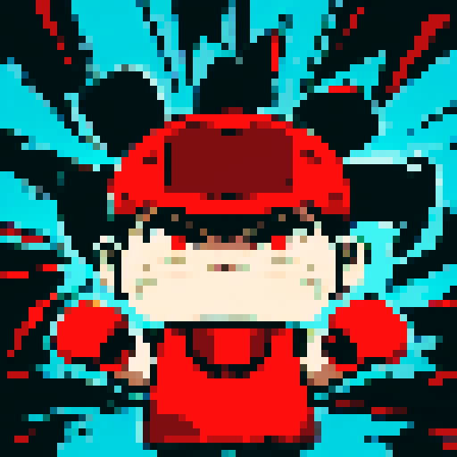 Muhammad Ali, fierce determination, boxing gloves, bursting through brick walls, anime-style close-up portrait, pixelated fists.