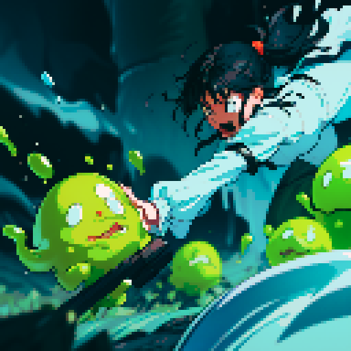 slime surging up around someone, slime engulfing a hero, slime consuming a hero, hero getting engulfed by slime, slime attack, dynamic, slime slamming into someone, impact, splashing slime, full-body image, full-body art, black hair, white outfit