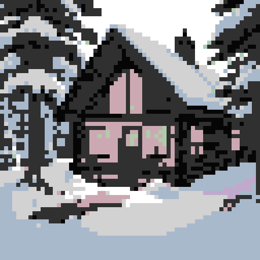 Cozy cabin nestled among towering pine trees, snow gently falling, warm glow emanating from the windows