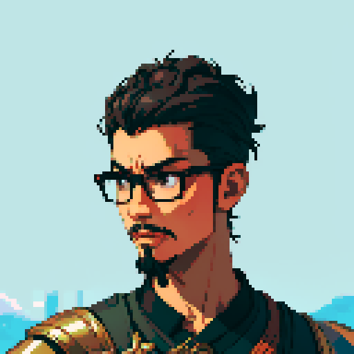 Southeast Asian man, short curly hair, round glasses, tanned, goatee, diamond shaped face, black eyes, age 25, wearing a armor