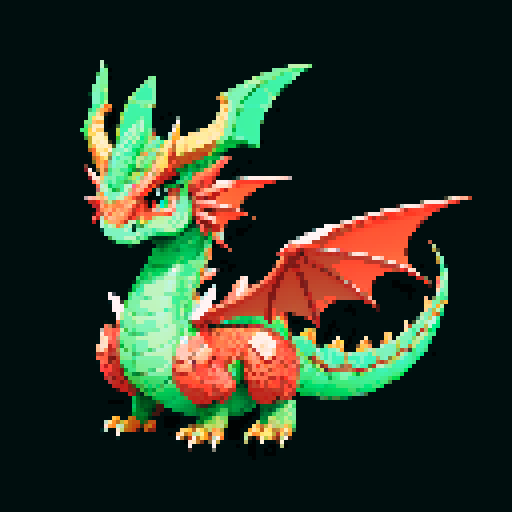 A majestic, fully grown dragon with gleaming scales and powerful wings. It has a wise and regal expression, with large horns and a long, spiked tail. Its eyes are filled with ancient knowledge, and it exudes an aura of strength and authority. No background.
