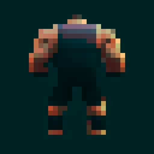 The back of a streeth fighter in a black shirt an black shorts. strong wide boddy, short arms, short legs